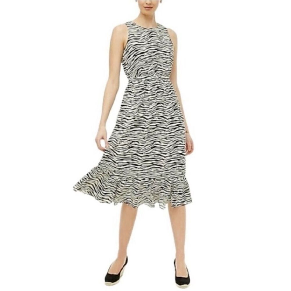 J.Crew Women’s Ivory/Black Zebra Print Sleeveless Lined Tiered Midi Dress Sz.24